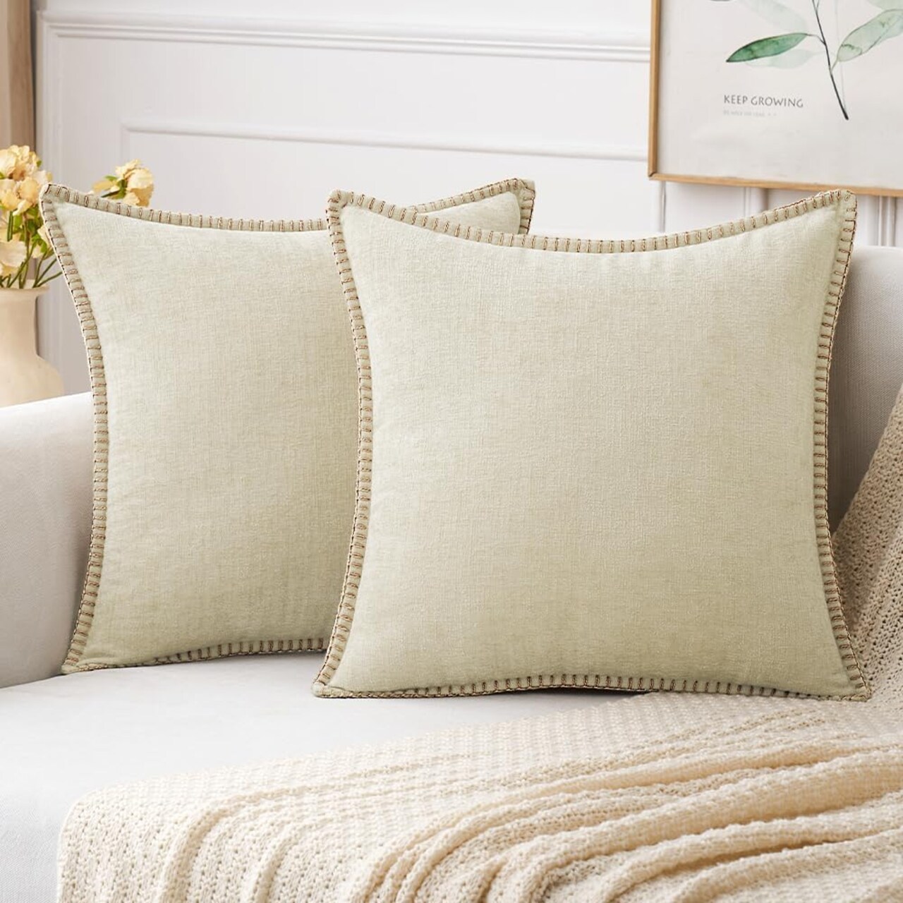 Pack of 2 Christmas Pillow Covers 16x16 Inch Cream White Farmhouse Decorative Throw Pillow Covers with Stitched Edge Soft Chenille Solid Dyed Couch Pillow Covers for Sofa Bed Living Room